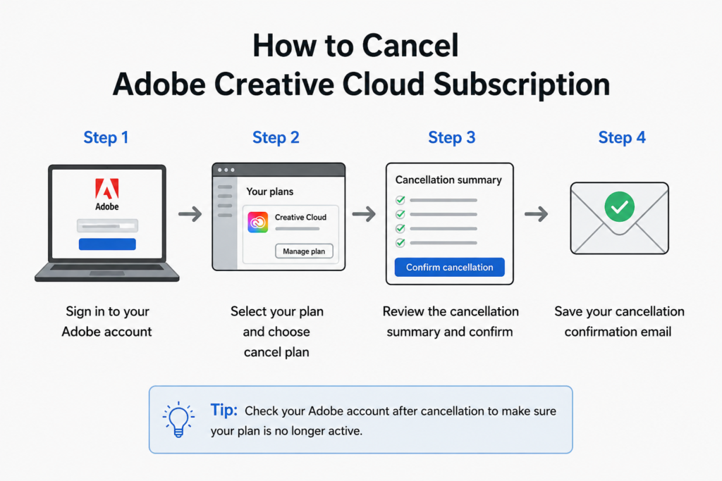 How to cancel Adobe Creative Cloud subscription online — 4 step infographic guide"