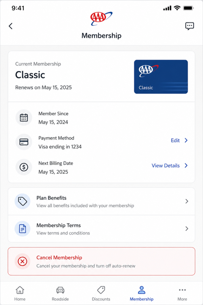 Cancel AAA membership option in the app's Membership screen"