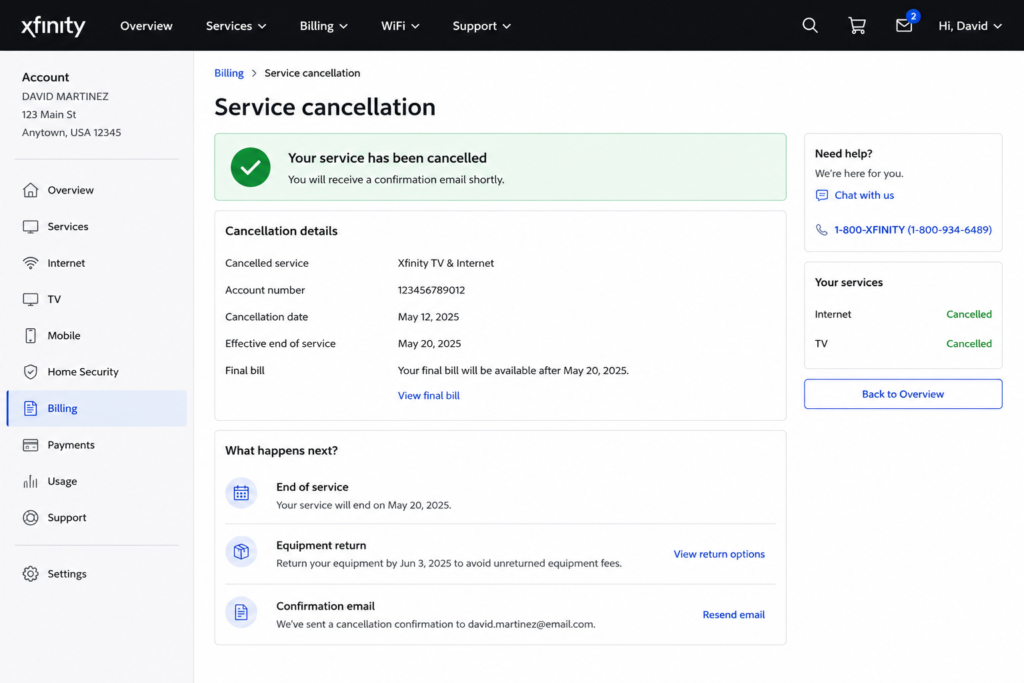 Xfinity account status after internet service cancellation