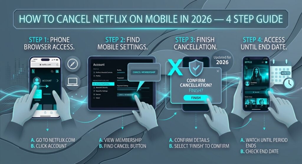 4-step infographic guide on how to cancel Netflix subscription on mobile."