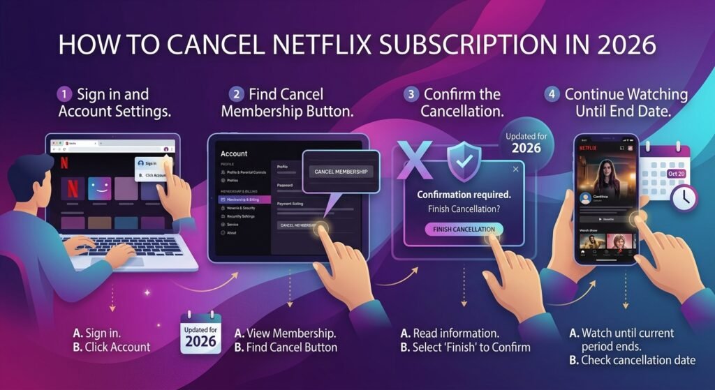 How to cancel Netflix subscription in 2026 — 4 step infographic guide