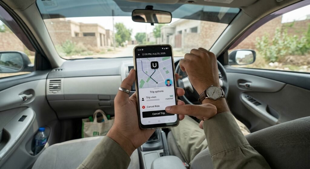 A user canceling an active Uber ride inside a car using a mobile app in 2026