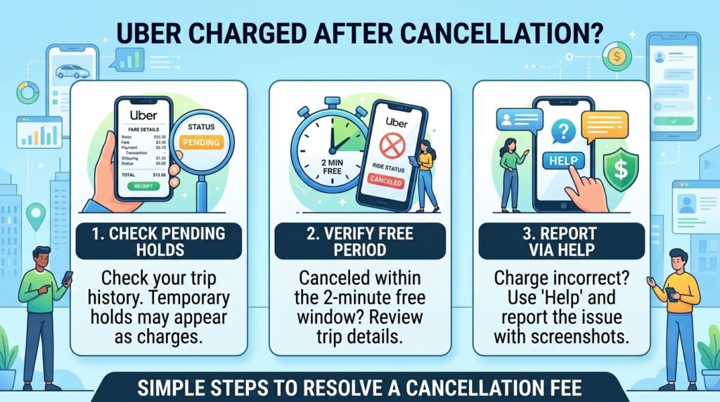 Infographic explaining three simple steps to resolve an incorrect Uber cancellation charge