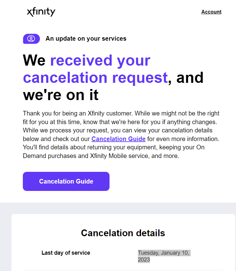 Xfinity cancellation confirmation email showing service end date