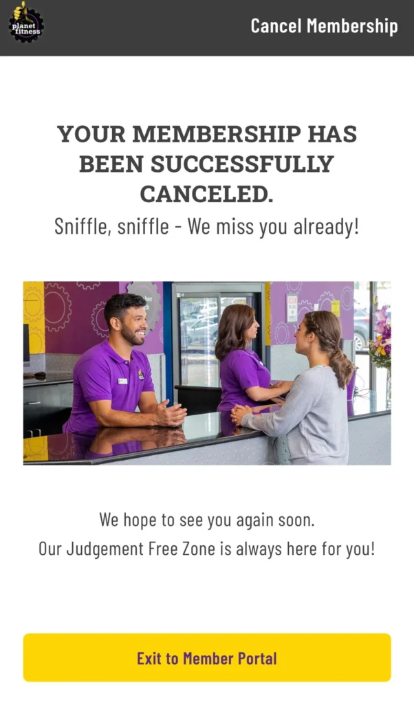 Planet Fitness membership successfully cancelled confirmation screen