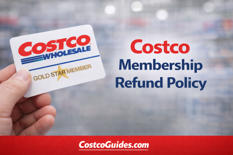 A hand holding a Costco Gold Star Member card next to text that reads Costco Membership Refund Policy.