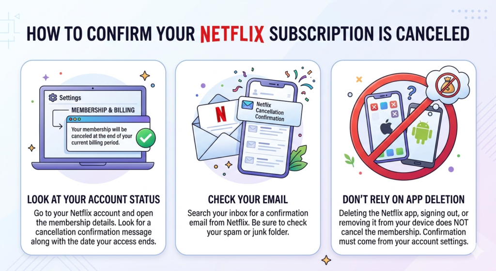 "Infographic illustrating three ways to confirm a Netflix subscription cancellation."
