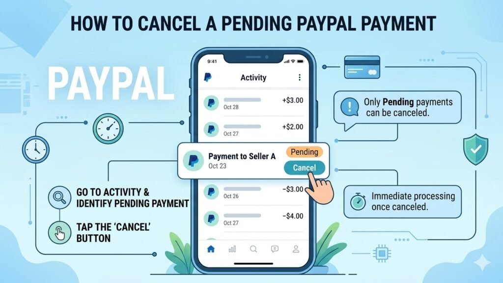 Infographic interface displaying steps to cancel a pending PayPal payment on a mobile app screen.