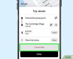 Uber app interface showing trip details screen with the Cancel Ride button highlighted.