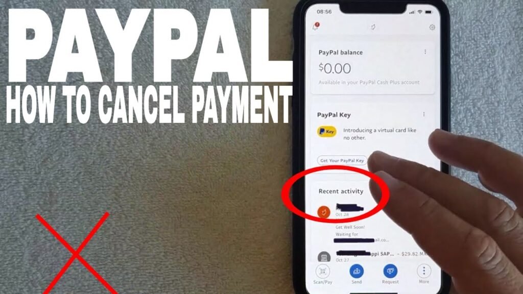 Smartphone screen displaying PayPal app recent activity section with a hand indicating how to cancel payment