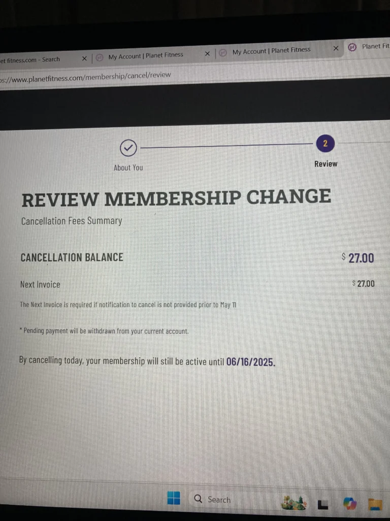 Planet Fitness cancellation review screen showing cancellation balance and fee